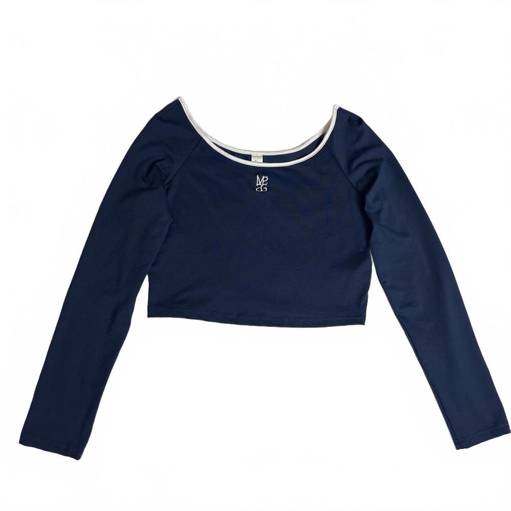 Missguided Navy Blue Long Sleeve Crop Top with White Trim